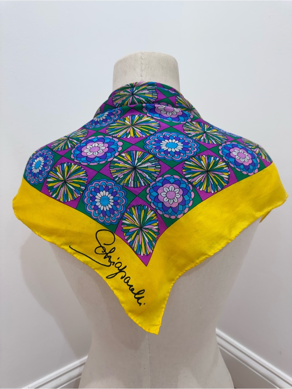 Schiaparelli Bright Yellow Purple Mod Silk Scarf 23” x 23” retro vintage